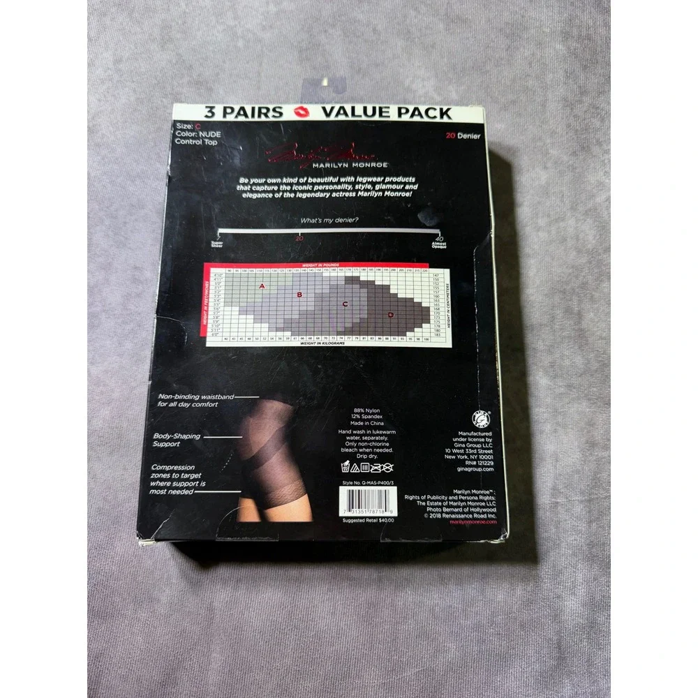 Marilyn Monroe 3 Pack Control Top Sheer Hosiery Nude Size C Reinforced Toe 20D